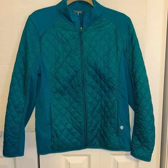 T by Talbots Teal Quilted Jacket with mixed quilted and knit design Fall color - Picture 1 of 10